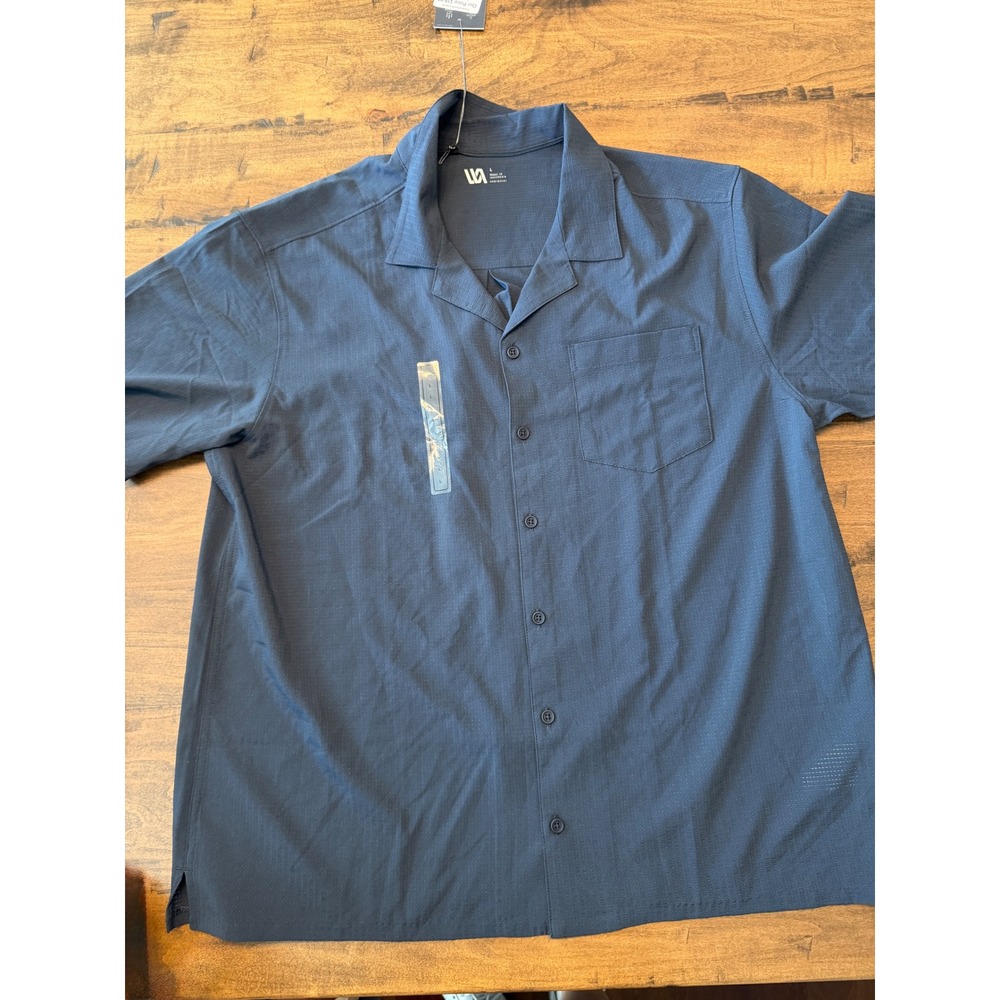 VRST Mens Short Sleeve Camp Shirt Navy Blue Textured Button Down Large NEW